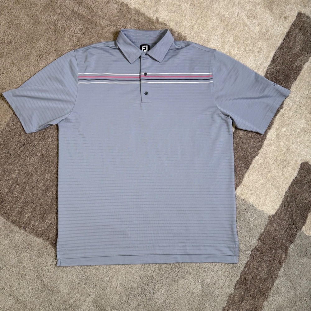 FootJoy Mens Grey Stripe Performance Golf Polo Shirt Queenstown Harbor FJ Large